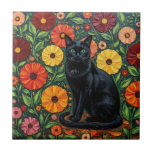 Carreau Chat noir et fleurs d'art populaire colorées