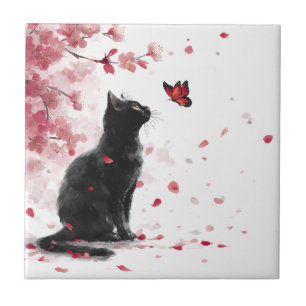 Carreau Chat noir - Fleurs de cerisier roses avec papillon