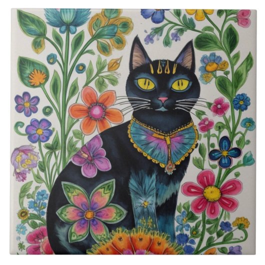 Carreau Chat noir, fleurs, papillons, art natif (Devant)
