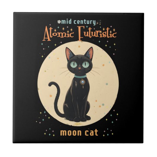 Carreau Chat noir futuriste atomique avec lune et texte (Devant)