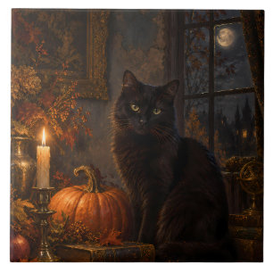 Carreau Chat noir gothique au clair de lune d'automne