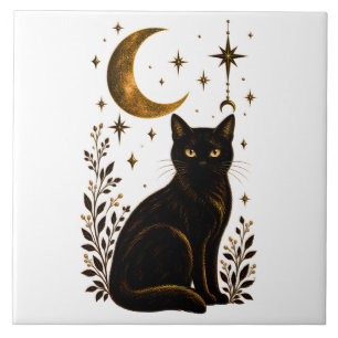 Carreau Chat noir gothique Lune céleste Botanique