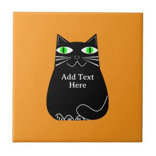 Carreau Chat noir gras avec yeux verts Texte personnalisé