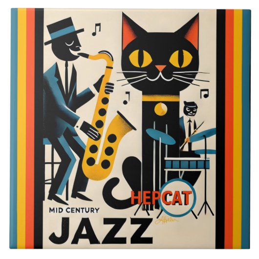 Carreau Chat Noir HepCat d'Ère du Jazz Milieu du Siècle (Devant)