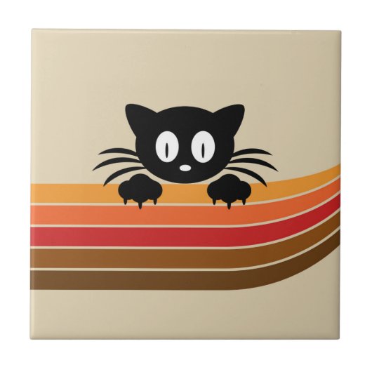 Carreau Chat noir mignon avec rayures rétro (Devant)