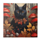 Carreau Chat noir mignon en forêt d'automne (Devant)