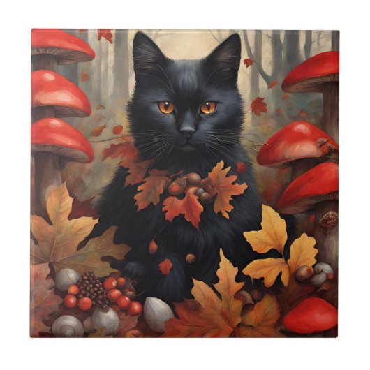 Carreau Chat noir mignon en forêt d'automne (Devant)