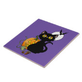Carreau Chat noir mignon violet Halloween Citrouille (Côté)