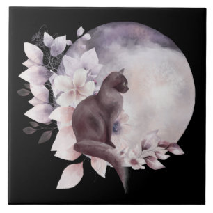 Carreau Chat noir par une Pleine lune magique