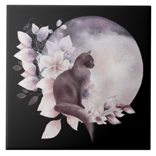 Carreau Chat noir par une Pleine lune magique (Devant)