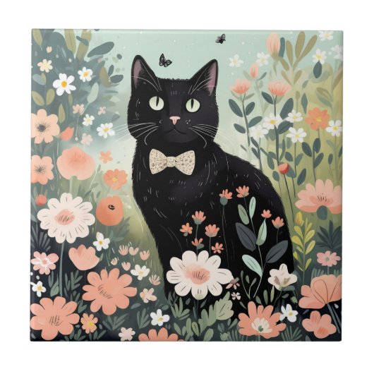 Carreau Chat noir portant une cravate arc assise (Devant)