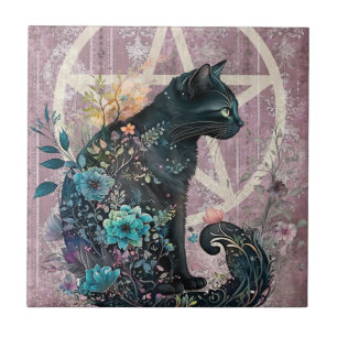 Carreau Chat noir saisissant Fleurs de pentacle aux tons d