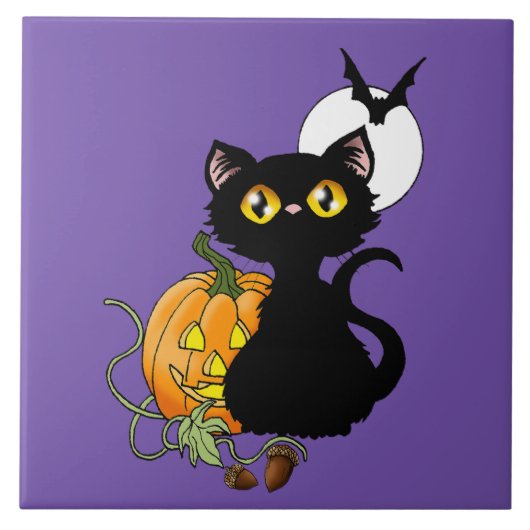 Carreau Chat noir violet Citrouille d'Halloween (Devant)
