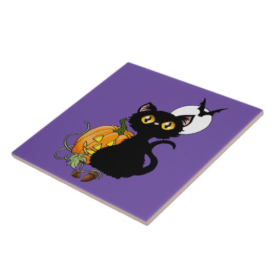 Carreau Chat noir violet Citrouille d'Halloween (Côté)