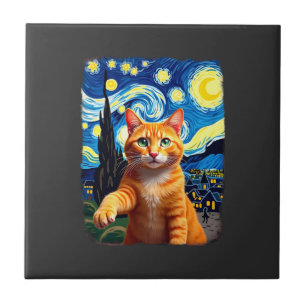 Carreau Chat orange selfie Nuit étoilée Maman chat Amoure