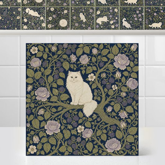 Carreau Chat persan blanc William Morris Branche Bower