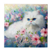 Carreau Chat Persan Yeux Bleus dans des Fleurs Roses Perso (Devant)