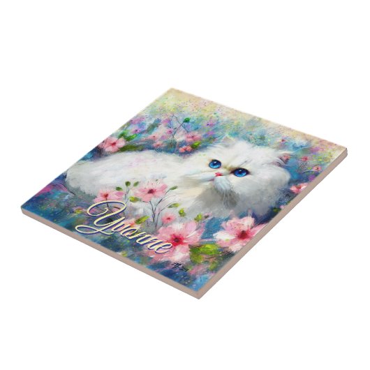 Carreau Chat Persan Yeux Bleus dans des Fleurs Roses Perso (Côté)