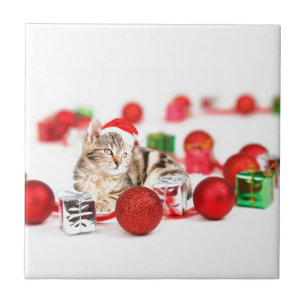 Carreau Chat portant un chapeau de Père Noël rouge Ornemen
