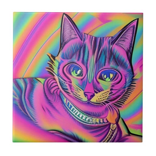 Carreau Chat psychédélique coloré violet fuchsia jaune (Devant)