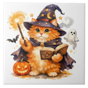 Carreau Chat sorcier Halloween à l'aquarelle avec fantôme