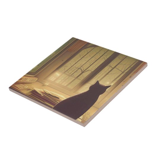 Carreau Chat sur le bureau avec papiers regardant les arbr (Côté)