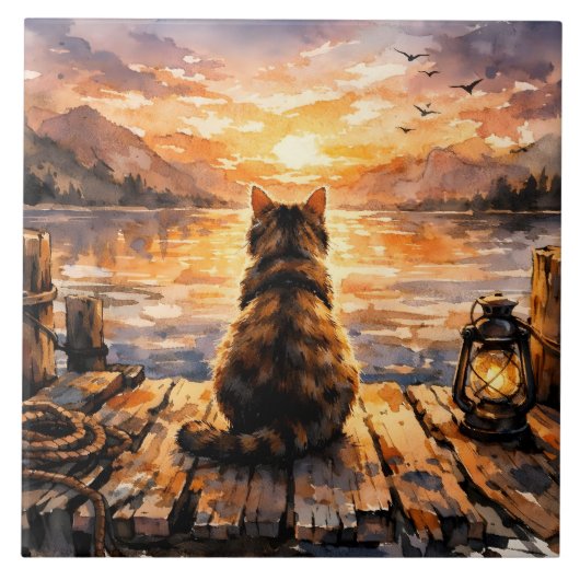 Carreau Chat sur le quai au coucher du soleil (Devant)