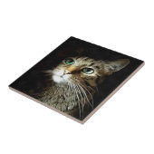 Carreau Chat Tigre aux Yeux Verts Isolés sur Fond Noir (Côté)