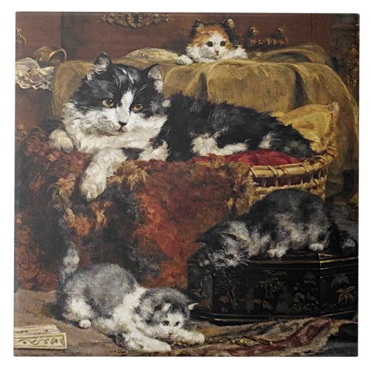 Carreau Chat vintage mignon noir et blanc avec chatons (Devant)