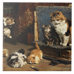 Carreau Chat vintage orange noir et blanc avec chatons