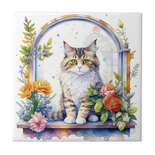 Carreau Chat Whimsical sucré en fenêtre de fleurs (Devant)