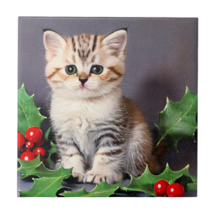 Carreau Chaton de Noël vintage et houx