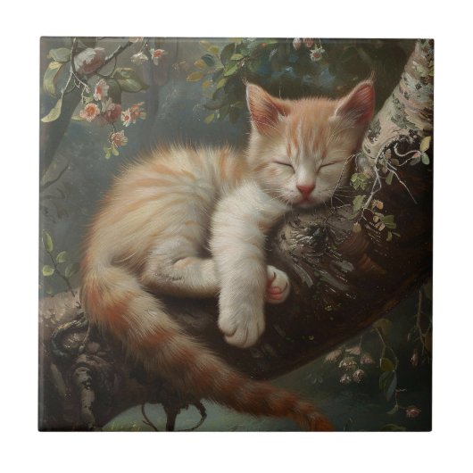 Carreau Chaton dormant dans un arbre Vintage (Devant)