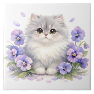 Carreau Chaton Fluffy Aquarelle avec Fleurs de Pensée Viol