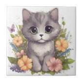 Carreau Chaton gris doux avec fleurs Kawaii Chibi (Devant)