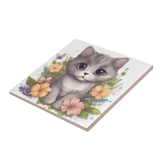 Carreau Chaton gris doux avec fleurs Kawaii Chibi (Côté)