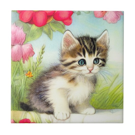 Carreau Chaton vintage blanc et Brown avec fleurs (Devant)