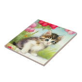 Carreau Chaton vintage blanc et Brown avec fleurs (Côté)