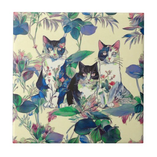Carreau Chats à l'aquarelle dans un jardin (Devant)