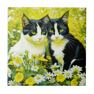 Carreau Chats adorables assis dans un champ de marguerites