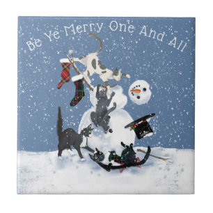 Carreau Chats amusants et bonhomme de neige personnalisé 