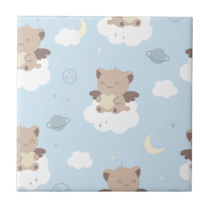 Carreau Chats anges kawaii sur motif de nuages