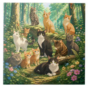 Carreau Chats dans un jardin boisé ensoleillé