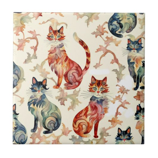 Carreau Chats dans un Motif d'aquarelle chinois (Devant)