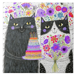 Carreau Chats de bouquet floral pour anniversaire fantaisi