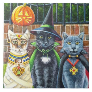 Carreau Chats d'Halloween en costume Aquarelle Art