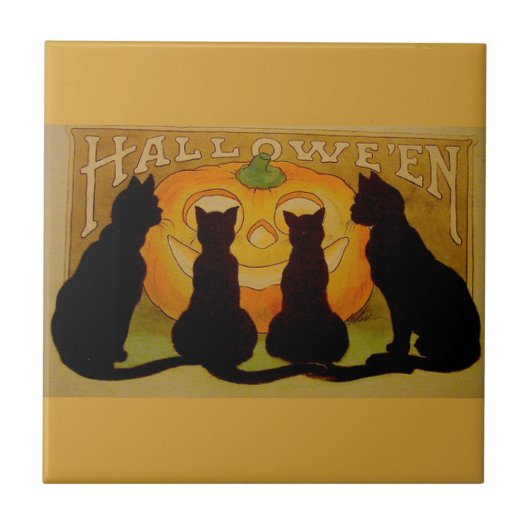 Carreau Chats d'Halloween noirs et Citrouille (Devant)