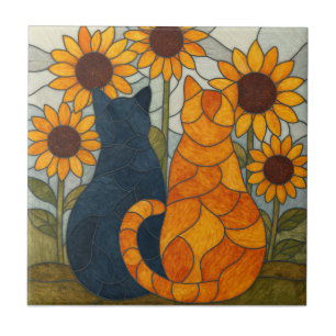 Carreau Chats en vitrail et conception d'art de tournesols