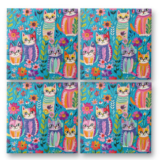 Carreau Chats et fleurs colorés Whimsical Happy