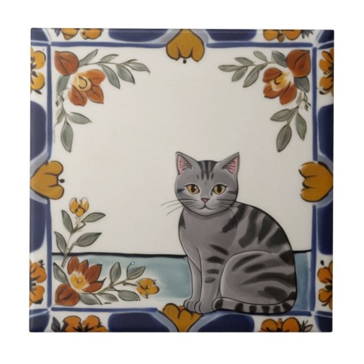 Carreau Chats Floraux - Chat Gris Tabby & Fleurs Orange Ro (Devant)
